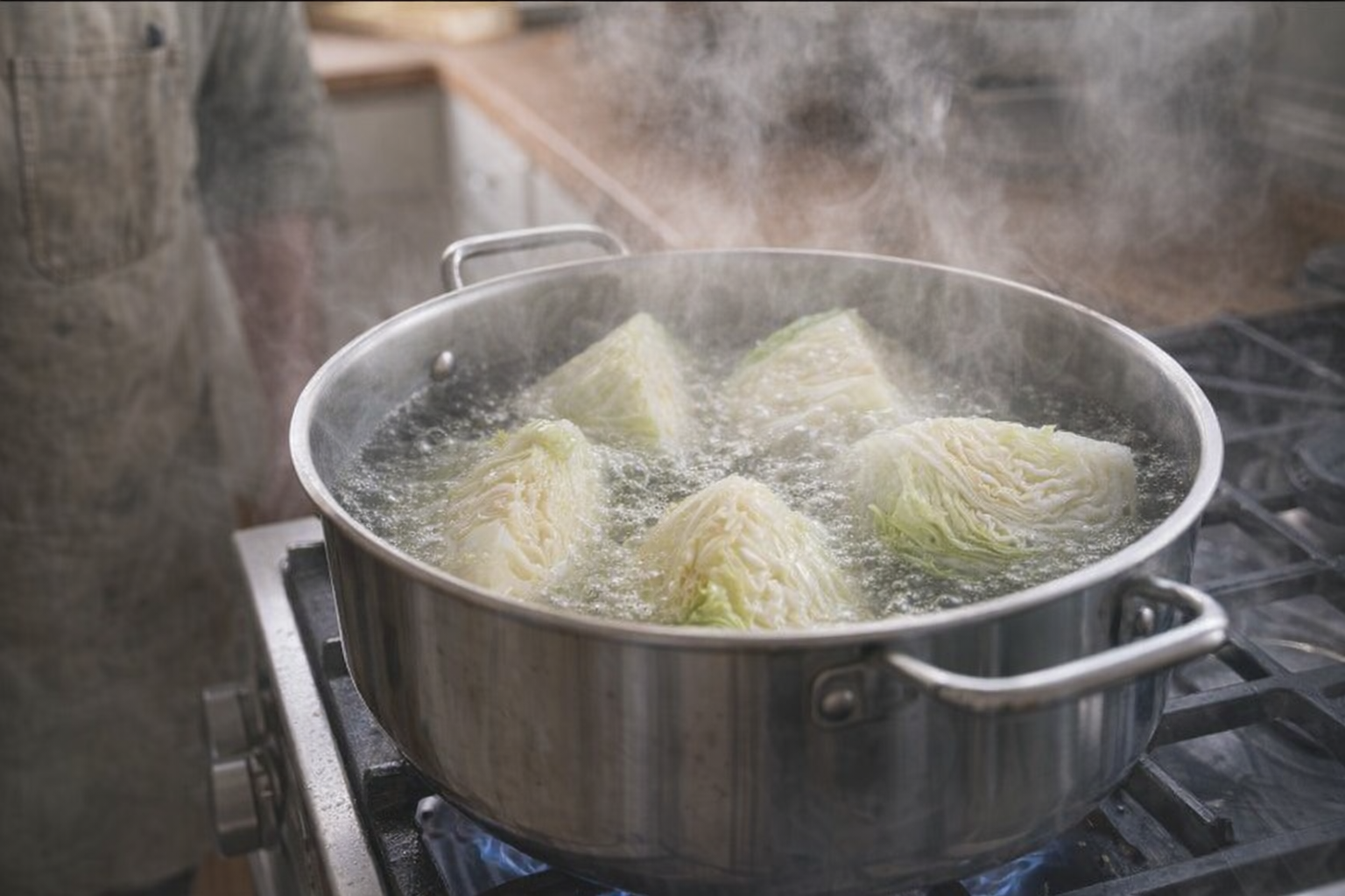 A side-angle shot of cabbage wedges simmering in a pot of boiling water on a gas stove, steam rising, stainless steel pot